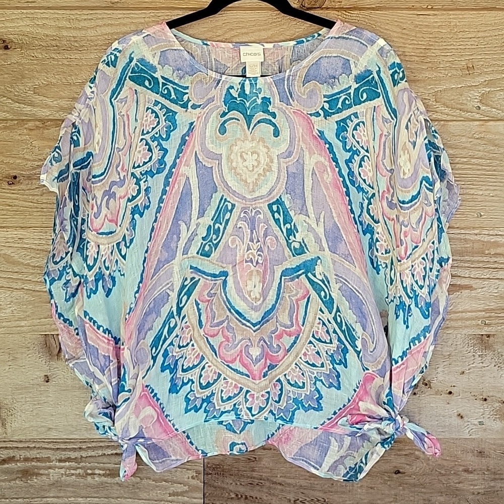 Chico's Blue and Pink Textured Linen Top Small/Medium